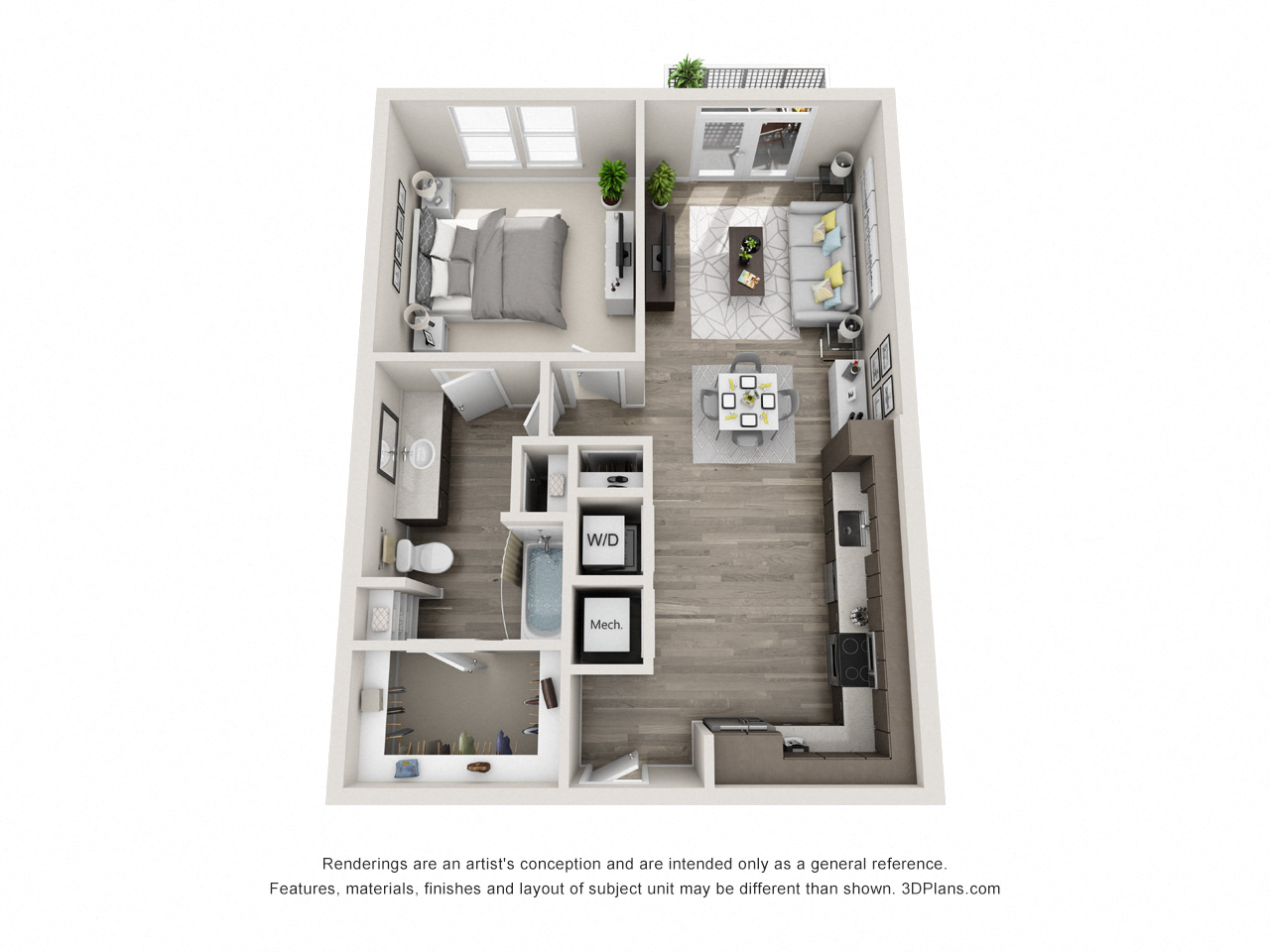 Floor plan for 1 bed, 1 bath, 796 sqft